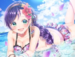 Rule 34 | 1girl, alternate hairstyle, artist name, artist request, bare legs, bikini, bikini skirt, blue sky, blush, bracelet, braid, breasts, cleavage, cloud, collarbone, cowboy shot, earrings, feet, female focus, flower, front-tie top, green eyes, groin, hair flower, hair ornament, heart, highres, jewelry, lace, lace-trimmed bikini, lace trim, lips, long hair, looking at viewer, love live!, love live! school idol festival, love live! school idol project, lying, medium breasts, o-ring, on stomach, outdoors, parted lips, ponpon rabbit, ponytail, purple hair, red flower, ribbon trim, scrunchie, sky, smile, solo, swimsuit, the pose, tojo nozomi, twintails