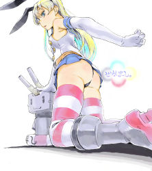 Rule 34 | 1girl, :3, alternate eye color, arm behind back, ass, bad id, bad pixiv id, black hairband, black panties, black ribbon, blonde hair, blue eyes, blue sailor collar, blue skirt, boots, breasts, buttons, crop top, elbow gloves, eyelashes, facing away, gloves, grey footwear, hair between eyes, hairband, horizontal-striped legwear, kantai collection, kneeling, lifebuoy, lips, long hair, microskirt, oishii ishiwata, panties, parted lips, pink lips, pleated skirt, rensouhou-chan, ribbon, robot, sailor collar, shimakaze (kancolle), shirt, simple background, skindentation, skirt, sleeveless, sleeveless shirt, small breasts, solo, straight hair, striped clothes, striped thighhighs, swim ring, thighhighs, turret, underwear, white background, white gloves, white shirt, | |