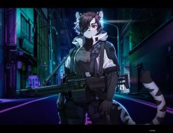 Rule 34 | 1girl, absurdres, animal ears, artist name, black border, black hair, body fur, border, breasts, bullet, commission, cowboy shot, drum magazine, eyepatch, frown, furry, furry female, gun, handgun, highres, holding, holding gun, holding weapon, holster, holstered, hood, hood down, jacket, looking at viewer, machine gun, magazine (weapon), night, original, outdoors, pants, pgm300, pistol, pouch, prosthesis, prosthetic arm, red eyes, short hair, short sleeves, sling (weapon), solo, strap, tail, thigh pouch, thigh strap, tiger, tiger ears, tiger girl, tiger tail, watermark, weapon, white fur, white tiger