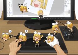 Rule 34 | !, &gt; &lt;, 6+girls, artist self-insert, biting, black shorts, black sleeves, blonde hair, blue eyes, blush, bow, chibi, commentary request, detached sleeves, drawing tablet, falling, finger biting, fourth wall, full body, gloves, hair bow, hair ornament, hairclip, highres, kagamine rin, kitsunerider, leg warmers, looking afar, looking at viewer, looking to the side, mini person, minigirl, monitor, mouse (computer), multiple girls, musical note, open mouth, painttool sai, pen, pov, pov hands, sailor collar, shirt, short hair, shorts, single glove, sleeveless, sleeveless shirt, smile, spoken exclamation mark, spoken musical note, spoken sweatdrop, sweatdrop, swept bangs, through medium, through screen, vocaloid, white bow, white gloves, white shirt, yukkuri shiteitte ne
