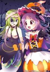 Rule 34 | 2girls, alina gray, alina gray (halloween ver.), aqua eyes, bandaged arm, bandages, blunt ends, blush, breasts, bubble skirt, chain, choker, frills, gloves, green eyes, green hair, hair between eyes, halloween, halloween costume, hat, highres, long hair, magia record: mahou shoujo madoka magica gaiden, magical girl, mahou shoujo madoka magica, mask over one eye, medium hair, misono karin, misono karin (halloween ver.), momo tomato, multicolored clothes, multicolored hair, multiple girls, official alternate costume, parted bangs, parted hair, pumpkin, purple eyes, purple hair, ribbon, sarashi, sidelocks, skirt, small breasts, smile, star (symbol), straight hair, streaked hair, two side up, very long hair