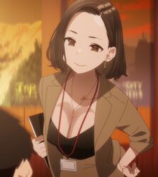 Rule 34 | 1girl, blazer, breasts, brown eyes, brown hair, cleavage, closed mouth, earrings, ganbare douki-chan, hair behind ear, hoop earrings, jacket, jewelry, lanyard, necklace, office lady, senpai-san (douki-chan), smile, stitched, third-party edit, v-neck