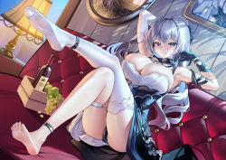 Rule 34 | 1girl, :3, anklet, arm behind head, armpits, ass, bare shoulders, barefoot, black gloves, black panties, blush, bottle, breasts, bronya zaychik, bronya zaychik (silverwing: n-ex), cleavage, closed mouth, couch, crossed legs, detached sleeves, drawing (object), dress, dutch angle, feet, food, fruit, full body, gloves, grapes, grey eyes, hair between eyes, highres, honkai (series), honkai impact 3rd, indoors, jewelry, lamp, large breasts, long hair, looking at viewer, meion, no shoes, on couch, panties, silver hair, single detached sleeve, single thighhigh, sitting, sleeveless, sleeveless dress, soles, solo, thigh strap, thighhighs, toes, underwear, white thighhighs