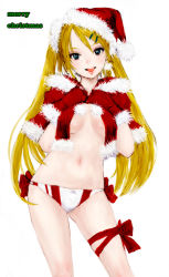 Rule 34 | 1girl, blonde hair, breasts, christmas, contrapposto, cowboy shot, english text, gloves, hat, long hair, looking at viewer, merry christmas, navel, no pants, open mouth, original, panties, ponsuke (pon00000), red gloves, ribbon, santa hat, solo, standing, twintails, underwear, very long hair, white background