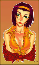 Rule 34 | 1990s (style), 1girl, breasts, cleavage, cowboy bebop, dreamwatcher7, faye valentine, green eyes, hairband, off shoulder, open collar, purple hair, red sweater, short hair, sleeveless, solo, sweater