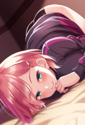 Rule 34 | 1girl, aqua eyes, ass, bed sheet, bent over, black panties, blush, commentary request, hair ornament, hairclip, half-closed eyes, huyumitsu, indoors, jacket, looking at viewer, original, panties, photoshop (medium), pink hair, smile, solo, top-down bottom-up, track jacket, track suit, underwear