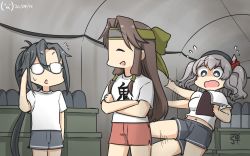 Rule 34 | 3girls, afterimage, alternate costume, amagiri (kancolle), asymmetrical bangs, blue eyes, brown hair, clipboard, closed eyes, clothes writing, commentary request, crossed arms, dated, falling, forehead protector, glasses, grey hair, grey shorts, hair between eyes, hamu koutarou, highres, indoors, jintsuu (kancolle), kantai collection, kashima (kancolle), long hair, multiple girls, one-hour drawing challenge, opaque glasses, orange shorts, paper, ponytail, salute, shirt, shorts, sidelocks, t-shirt, torpedo, twintails, very long hair, wavy hair, white shirt, x navel