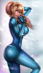 Rule 34 | 1girl, abstract background, alternate breast size, artist logo, ass, blonde hair, blue bodysuit, blue eyes, bodysuit, breasts, feet, female focus, flowerxl, highres, large breasts, long hair, looking at viewer, metroid, nintendo, pink lips, ponytail, samus aran, solo, thick thighs, thighs, video game character