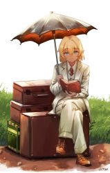 Rule 34 | blonde hair, blue eyes, book, briefcase, brown footwear, business suit, coat, formal, highres, holding, holding book, hololive, hololive english, loafers, looking at viewer, luggage, red tie, shoes, sitting, suit, umbrella, virtual youtuber, watson amelia, white coat, white suit