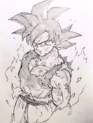 Rule 34 | 10s, 1boy, aura, black hair, dirty, dirty clothes, dirty face, dougi, dragon ball, dragon ball super, dragonball z, frown, greyscale, looking at viewer, male focus, monochrome, serious, short hair, simple background, solo, son goku, standing, tkgsize, ultra instinct, white background