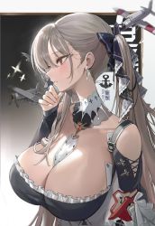 Rule 34 | 1girl, aircraft, anchor symbol, azur lane, between breasts, blush, breasts, dress, earrings, eyelashes, formidable (azur lane), freng, frilled dress, frills, grey hair, hair ribbon, highres, jewelry, large breasts, long hair, parted lips, red eyes, ribbon, simple background, solo, sparkle, twintails, upper body