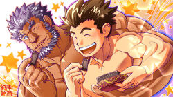 Rule 34 | 2boys, bara, beard, blush, box, box of chocolates, brown hair, bunta ru, chocolate, closed eyes, commentary request, dark-skinned male, dark skin, facial hair, food, happy, highres, holding, holding chocolate, holding food, hug, jewelry, large pectorals, long sideburns, looking at another, male focus, mature male, multiple boys, muscular, muscular male, nekros (f-kare), nude, one eye closed, open mouth, outline, pectorals, protagonist (f-kare), purple eyes, purple hair, ring, short hair, shoukan yuusha to f-kei kareshi, sideburns, signature, smile, sparkle, star (symbol), thick eyebrows, upper body, yaoi