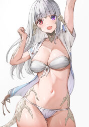 Rule 34 | 1girl, arm up, au ra, bikini, blunt bangs, blush, breasts, cleavage, cowboy shot, dragon girl, dragon horns, dragon tail, final fantasy, final fantasy xiv, front-tie bikini top, front-tie top, grey hair, groin, hand up, heterochromia, highres, horns, long hair, looking at viewer, medium breasts, navel, open clothes, open mouth, open shirt, purple eyes, red eyes, scales, simple background, solo, strapless, strapless bikini, swimsuit, tail, thighs, torisanff14, warrior of light (ff14), white bikini