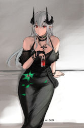 Rule 34 | 1girl, absurdres, ai-bon, arknights, arm support, bare shoulders, black dress, black gloves, breasts, cup, detached sleeves, dress, drinking glass, gloves, highres, holding, holding cup, horns, long hair, looking at viewer, material growth, medium breasts, mudrock (arknights), mudrock (obsidian) (arknights), official alternate costume, oripathy lesion (arknights), pointy ears, red eyes, short sleeves, sitting, smile, solo, white hair