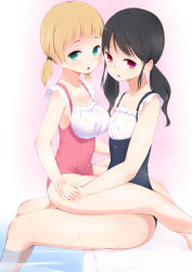Rule 34 | 2girls, amasora taichi, aqua eyes, bad anatomy, bad proportions, black hair, blonde hair, breasts, collarbone, frilled swimsuit, frills, gradient background, highres, holding hands, large breasts, long hair, looking at viewer, low twintails, maid, maid one-piece swimsuit, multiple girls, nontraditional school swimsuit, one-piece swimsuit, original, poorly drawn, red eyes, red one-piece swimsuit, school swimsuit, sitting, sitting on lap, sitting on person, small breasts, soaking feet, swimsuit, twintails, unconventional maid, water, yuri