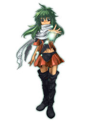 Rule 34 | 1girl, bad id, bad pixiv id, boots, dark skin, dark-skinned female, emerada (xenogears), green eyes, green hair, highres, long hair, magic, matching hair/eyes, navel, outstretched hand, pussan, scarf, solo, torn clothes, xenogears, aged down