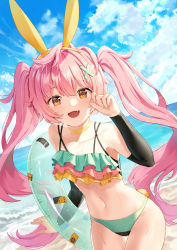 Rule 34 | 1girl, absurdres, blue oath, blush, cloud, collarbone, commentary request, day, eyelashes, fang, hairband, hand up, highres, innertube, long hair, looking at viewer, navel, open mouth, orange eyes, outdoors, pink hair, shore, shubee, sky, solo, swim ring, swimsuit, tongue, twintails, water, wet, yellow hairband, yuudachi (blue oath)
