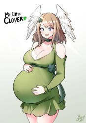 Rule 34 | 1girl, :d, blue eyes, blush, breasts, choker, cleavage, clothing cutout, clover, clover hair ornament, commentary, covered navel, cowboy shot, dress, english commentary, english text, eunie (xenoblade), four-leaf clover, green dress, hair ornament, hands on own stomach, highres, jarckius, large breasts, open mouth, pregnant, short dress, shoulder cutout, signature, smile, solo, xenoblade chronicles (series), xenoblade chronicles 3