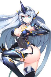Rule 34 | 1girl, armpits, black gloves, blue eyes, breasts, cleavage, elbow gloves, gloves, highres, hildegard (soccer spirits), horns, large breasts, leotard, long hair, looking at viewer, mecha musume, silver hair, single horn, snowball22, soccer spirits, solo, thighhighs, transparent background
