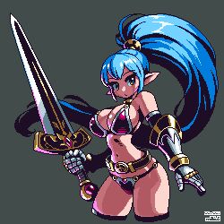 Rule 34 | 1girl, bikini, blue eyes, blue hair, breasts, gauntlets, high ponytail, holding, holding sword, holding weapon, large breasts, long hair, mabius, original, pink bikini, pixel art, pointy ears, simple background, solo, swimsuit, sword, thighhighs, very long hair, weapon