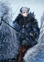 Rule 34 | 1boy, black horns, blue eyes, boots, brown footwear, fur trim, gloves, highres, horns, horseback riding, leon the southern conquest general, maia86 (rs0273), male focus, outdoors, pixiv fantasia, pixiv fantasia last saga, reins, riding, snowing, solo