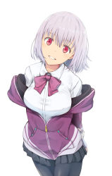 Rule 34 | 10s, 1girl, arms behind back, black pantyhose, bow, breasts, collared shirt, commentary request, cowboy shot, gridman universe, head tilt, jacket, large breasts, light purple hair, long sleeves, looking at viewer, off shoulder, pantyhose, piisu, pleated skirt, purple jacket, red eyes, school uniform, shinjou akane, shirt, short hair, skirt, smile, solo, ssss.gridman, standing, teeth, white background, white shirt