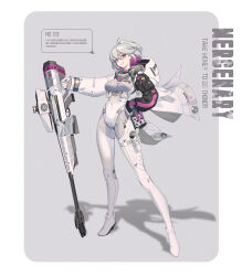 Rule 34 | 1girl, anti-materiel rifle, asymmetrical sleeves, bodysuit, colored inner hair, covered navel, fysc, gloves, grey background, grey hair, grin, gun, hand on own hip, high heels, highres, holding, holding gun, holding weapon, looking at viewer, medium hair, multicolored hair, muzzle device, original, purple eyes, purple hair, rifle, science fiction, shadow, short hair, skin tight, smile, sniper rifle, solo, standing, two-tone hair, weapon, wedge heels, white bodysuit, white gloves, wind, wind lift