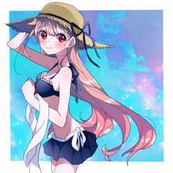 Rule 34 | 10s, 1girl, bad id, bad pixiv id, bikini, breasts, enji (nk), gradient background, harusame (kancolle), hat, kantai collection, long hair, pink hair, red eyes, sarong, smile, solo, straw hat, sun hat, swimsuit