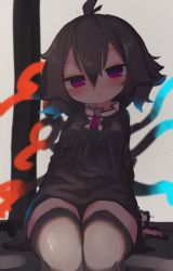 Rule 34 | 1girl, absurdres, asymmetrical wings, black dress, black hair, black thighhighs, blue wings, blush, chii (tsumami tsumamare), closed mouth, dress, feet out of frame, hair between eyes, highres, houjuu nue, long sleeves, red eyes, red wings, short hair, solo, thighhighs, touhou, wings