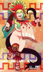Rule 34 | 1girl, ^ ^, bottomless, breasts, closed eyes, colored eyelashes, dated, dragon girl, dragon horns, dragon tail, closed eyes, full body, green hair, highres, horns, jewelry, knee pads, kobayashi-san chi no maidragon, lilirulu, lucoa (maidragon), revealing clothes, ring, sandals, shield, smile, solo, standing, standing on one leg, tail