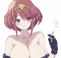 Rule 34 | 1girl, armpit crease, bare shoulders, black gloves, bob cut, breasts, cigarette, closed mouth, collarbone, commentary request, core crystal (xenoblade), gloves, highres, holding, holding cigarette, large breasts, looking at viewer, medium hair, pyra (xenoblade), red eyes, red hair, simple background, smile, smoke, solo, sweat, takumi (user xmwf4727), tiara, upper body, white background, xenoblade chronicles (series), xenoblade chronicles 2