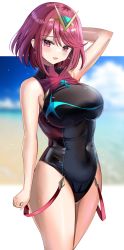 Rule 34 | 1girl, absurdres, arm up, bad id, bad twitter id, bare arms, bare shoulders, black leotard, blush, breasts, competition swimsuit, covered navel, hanasaka houcha, highres, large breasts, leotard, looking at viewer, one-piece swimsuit, parted lips, pyra (pro swimmer) (xenoblade), pyra (xenoblade), red eyes, red hair, short hair, smile, solo, swimsuit, thighs, xenoblade chronicles (series), xenoblade chronicles 2