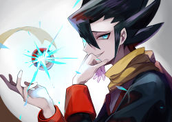Rule 34 | absurdres, black hair, black jacket, blue eyes, creatures (company), from side, game freak, glowing, grimsley (pokemon), hair between eyes, hand to own mouth, highres, jacket, long sleeves, nintendo, pointy hair, poke ball, pokemon, pokemon bw, scarf, shirt, smile, tabi (cufs5442), upper body, white background, white shirt, yellow scarf