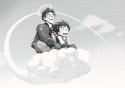 Rule 34 | 2boys, :d, aged down, black hair, child, commentary, dougi, dragon ball, english commentary, flying nimbus, glasses, greyscale, halftone, halo, highres, jacket, long sleeves, male focus, monochrome, multiple boys, on cloud, open clothes, open jacket, open mouth, pants, riding, round eyewear, short hair, sitting, sky, smile, son goku, spiked hair, spykeee, teeth, tongue, toriyama akira (character), v-shaped eyebrows, wristband