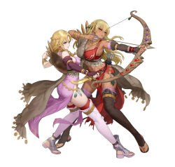 Rule 34 | 2girls, aiming, alternate costume, arrow (projectile), ass, attack, blonde hair, blue eyes, bow (weapon), breasts, brown thighhighs, cleavage, dark-skinned female, dark skin, drawing bow, earrings, ekao, female focus, fire emblem, fire emblem: the binding blade, fire emblem: the blazing blade, fire emblem heroes, full body, hair ornament, holding, holding bow (weapon), holding weapon, igrene (fire emblem), igrene (sworn protector) (fire emblem), jewelry, large breasts, lipstick, long hair, looking at viewer, louise (fire emblem), louise (sworn protector) (fire emblem), makeup, matching hair/eyes, medium breasts, multiple girls, navel, necklace, nintendo, official alternate costume, official art, pelvic curtain, quiver, red lips, red thighhighs, tassel, tassel hair ornament, thighhighs, toeless footwear, toeless legwear, toes, weapon, white thighhighs, yellow eyes
