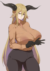 Rule 34 | 1girl, absurdres, adjusting clothes, adjusting gloves, animal ears, arknights, asymmetrical sidelocks, black gloves, black pants, blonde hair, blush, bra visible through clothes, breasts, collared shirt, contrapposto, degenbrecher (arknights), gloves, goat ears, goat girl, goat horns, hair between eyes, highres, horns, huge breasts, long hair, looking at viewer, orange shirt, pants, parted lips, shirt, shirt tucked in, simple background, solo, very long hair, xllam, yellow eyes