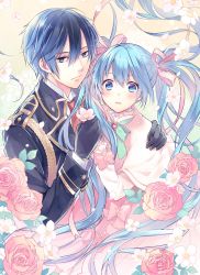 Rule 34 | 1boy, 1girl, arm around shoulder, blue eyes, blue hair, brooch, commentary request, cover, cover page, flower, gloves, hair ribbon, hatsune miku, holding, holding flower, inko (mini), jewelry, kaito (vocaloid), long hair, looking at viewer, military, military uniform, necktie, official art, pink rose, ribbon, rose, short hair, twintails, uniform, very long hair, vocaloid, voice (vocaloid)