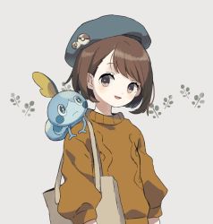 Rule 34 | 1girl, alternate costume, badge, bag, beret, brown bag, brown eyes, brown hair, brown sweater, cable knit, commentary, creatures (company), eyelashes, game freak, gen 8 pokemon, gloria (pokemon), green headwear, handbag, hat, looking at viewer, nintendo, on shoulder, open mouth, pokemon, pokemon (creature), pokemon on shoulder, pokemon swsh, short hair, smile, sobble, sweater, symbol-only commentary, tongue, upper body, zges