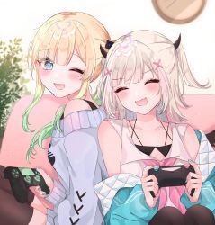 Rule 34 | 2girls, aizawa ema, asumi sena, blonde hair, blue eyes, blush, controller, demon girl, demon horns, closed eyes, facing viewer, green hair, hair ornament, hairpin, highres, horns, laughing, long sleeves, looking at another, multicolored hair, multiple girls, one eye closed, shain, thighhighs, virtual youtuber, vspo!, white background