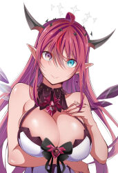 Rule 34 | 1girl, ahoge, arm under breasts, awakoto (awakotoya), bare shoulders, blue eyes, bow, breasts, brooch, cleavage, closed mouth, collarbone, crystal wings, detached wings, dress, hair between eyes, halo, halter dress, halterneck, hand on own chest, head tilt, heterochromia, highres, hololive, hololive english, horns, irys (irys 2.0) (hololive), irys (hololive), jewelry, large breasts, long hair, looking at viewer, multicolored hair, pointy ears, purple eyes, purple hair, shrugging, simple background, sleeveless, sleeveless dress, smile, solo, streaked hair, upper body, very long hair, virtual youtuber, white background, white dress, wings