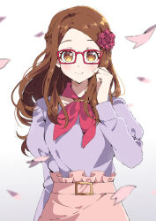 1girl absurdres akai_meganee brown_eyes brown_hair closed_mouth commentary_request cowboy_shot flower glasses hair_flower hair_ornament hand_up highres juliet_sleeves long_hair long_sleeves looking_at_viewer petals pink_flower pink_rose pink_skirt pretty_series pripara puffy_sleeves purple_shirt red-framed_eyewear red_scarf rose scarf shirt skirt smile solo standing swept_bangs tsujii_luki white_background wind