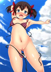 Rule 34 | 1girl, arms up, bikini, blue eyes, blush, breasts, brown hair, cleft of venus, cloud, day, hair ribbon, highres, navel, nipples, nude, open mouth, original, pussy, ribbon, short hair, sky, small breasts, solo, striped bikini, striped clothes, sukesan, swimsuit, twintails, uncensored, wardrobe malfunction