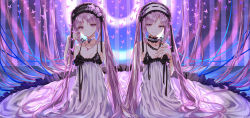 Rule 34 | 2girls, absurdly long hair, breasts, bug, butterfly, cleavage, closed mouth, collarbone, dress, euryale (fate), fate/hollow ataraxia, fate (series), frilled dress, frills, highres, insect, jewelry, long dress, long hair, looking at viewer, multiple girls, necklace, parted bangs, pink hair, purionpurion, purple eyes, siblings, sisters, sitting, sleeveless, sleeveless dress, small breasts, smile, stheno (fate), very long hair, white dress