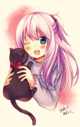 Rule 34 | 1girl, ;d, animal, artist name, azu torako, beige background, black cat, blue eyes, blush, cat, dated, hair between eyes, holding, holding animal, holding cat, long hair, long sleeves, looking at another, one eye closed, one side up, open mouth, original, pink hair, signature, simple background, smile, solo, sweater, teeth, upper body