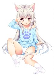 Rule 34 | 1girl, absurdres, ai (wakaba iro no quartet), animal ear fluff, animal ears, antenna hair, bare shoulders, blue shirt, blush, bow, bow panties, brown eyes, cat ears, cat girl, cat tail, clothes writing, collarbone, commentary request, english text, fang, fingernails, full body, hair between eyes, highres, long hair, long sleeves, looking at viewer, no shoes, off shoulder, panties, sakuraba hikaru (loveindog), shirt, sidelocks, simple background, sleeves past wrists, socks, soles, solo, tail, underwear, very long hair, wakaba iro no quartet, white background, white hair, white panties, white socks