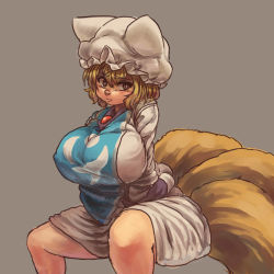 Rule 34 | 1girl, animal hat, blonde hair, breasts, bright pupils, brown eyes, chanta (ayatakaoisii), dress, fox tail, grey background, hat, invisible chair, large breasts, mob cap, multiple tails, short hair, simple background, sitting, solo, tabard, tail, touhou, white dress, white hat, white pupils, yakumo ran