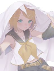 Rule 34 | 1girl, bare shoulders, blonde hair, bow, detached sleeves, flat chest, green eyes, grey sailor collar, grey shorts, grey sleeves, hair bow, hair ornament, hairclip, highres, kagamine rin, light blush, looking at viewer, midriff, neckerchief, open mouth, parted lips, sailor collar, shirt, short hair, shorts, sleeveless, sleeveless shirt, solo, suiri (suiri 02), treble clef, under covers, vocaloid, white bow, yellow nails, yellow neckerchief