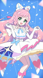 Rule 34 | 1girl, ahoge, bow, braid, commentary, cure prism, dantyo0, dress, elbow gloves, gloves, hair bow, heart, heart ahoge, highres, hirogaru sky! precure, long hair, looking at viewer, magical girl, nijigaoka mashiro, open mouth, pink bow, pink hair, precure, side braids, smile, solo, white bow, white dress, white gloves
