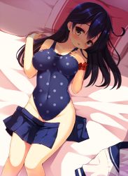 Rule 34 | 10s, 1girl, ahoge, black hair, blonde hair, blush, breasts, covered navel, gradient background, hand on own chest, highres, impossible clothes, impossible swimsuit, kantai collection, long hair, looking at viewer, lying, on back, on bed, one-piece swimsuit, open clothes, open skirt, pillow, polka dot, polka dot swimsuit, scrunchie, skirt, unworn skirt, solo, swimsuit, ushio (kancolle), wrist scrunchie, yuzu modoki