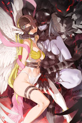 Rule 34 | 10s, 2girls, angel wings, angewomon, ankle boots, arms behind back, artist name, asymmetrical clothes, asymmetrical docking, bare arms, bare shoulders, bdsm, belt, black gloves, black leotard, bondage, boots, bound, bound arms, breast press, breasts, chain, cleavage, cleavage cutout, closed mouth, clothing cutout, colored skin, covered eyes, digimon, digimon (creature), digimon adventure tri., elbow gloves, expressionless, fangs, feathered wings, femdom, flaming eye, gloves, hand on another&#039;s cheek, hand on another&#039;s face, head wings, helmet, high heel boots, high heels, highres, knee up, ladydevimon, large breasts, leotard, lips, medium breasts, monster, multiple girls, navel, o-ring, o-ring belt, pink lips, pink ribbon, purple lips, purple skin, red eyes, ribbon, shiny skin, single boot, sitting, smug, stitches, stomach, stone floor, thigh strap, thighs, white footwear, white wings, wings, yd (orange maru), yuri